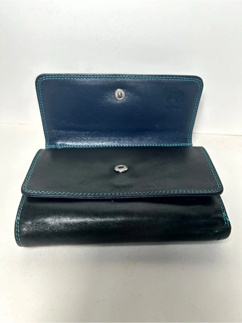 MyWalit Double Flap Ladies Trifold Leather Wallet -Black Multi, with Pen EUC